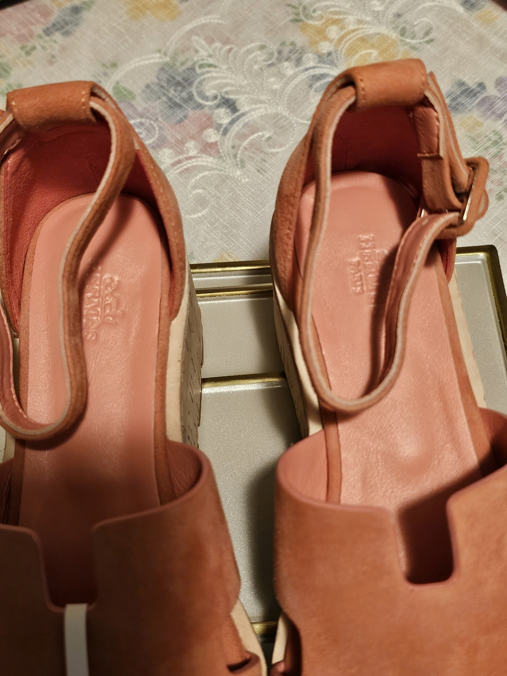 Hermes Suede Ankle-Strap Wedge Sandals in Coral.  Heel 2.5"